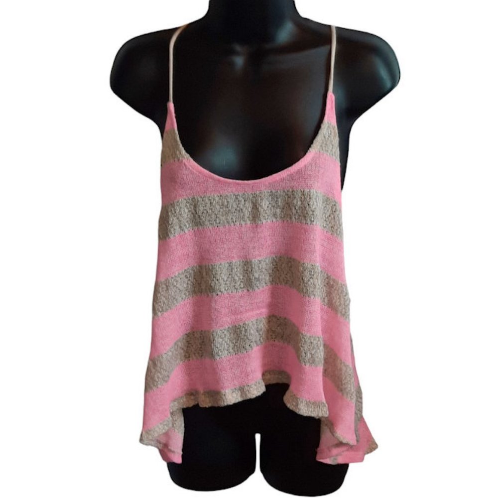You Are Not Alone Medium Racerback Cami Beige Pink Striped Knit Top